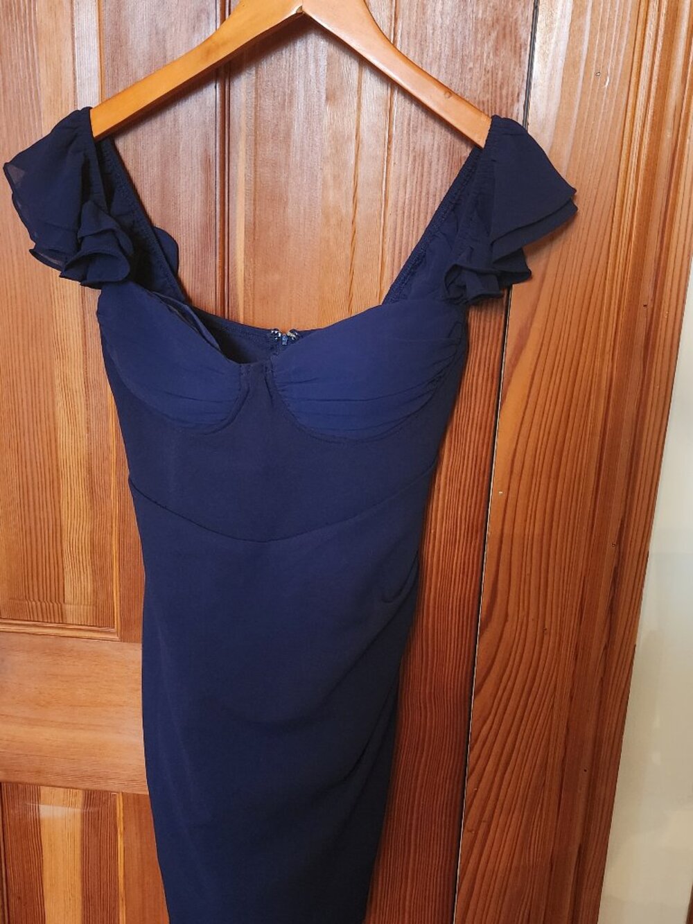 Navy Cocktail Dress with Built-in Bra and Flutter Sleeves, Size S